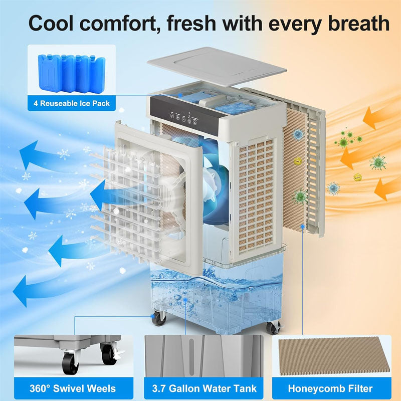 2200CFM vaporative Air Cooler 120° Oscillating Swamp Cooler with Remote Control 24H Timer 3 Modes & Wind Speeds 5.3Gallon