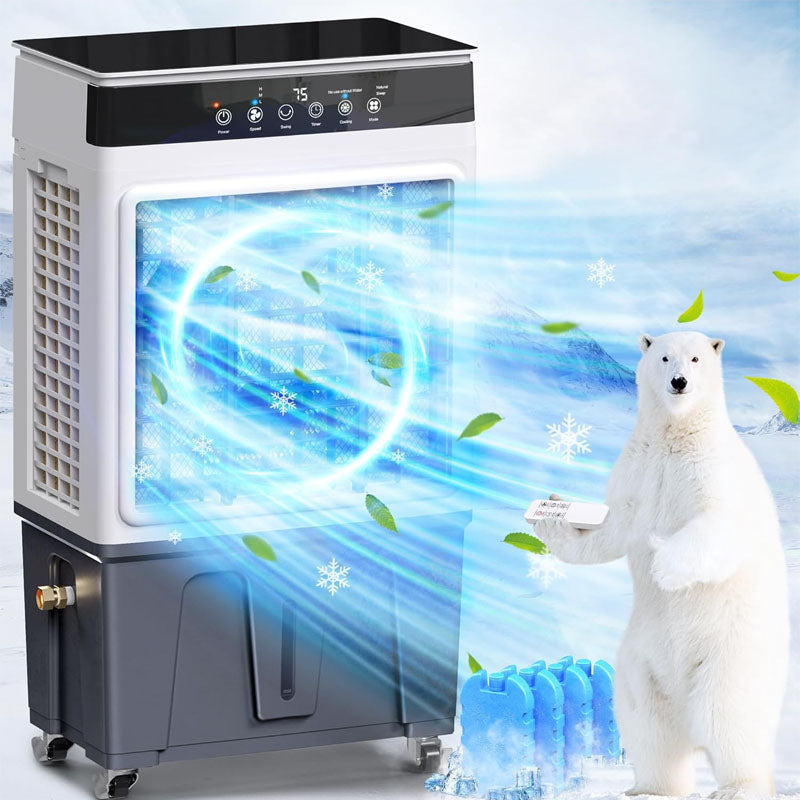 3500FM Evaporative Cooler 3-in-1 Swamp Cooler with7.5 Gal Water Tank 120° Oscillation 3 Speeds 3 Modes 4 Ice Packs 12H Timer Remote for Room Home & Office