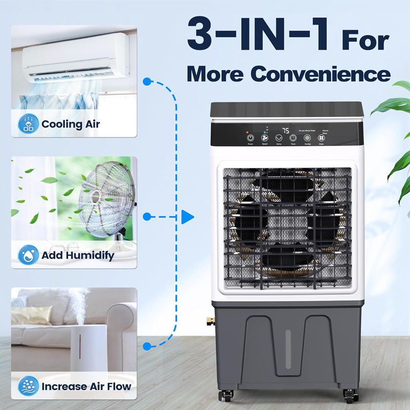3800CFM Evaporative Cooler 3-in-1Swamp Cooler with 7.6Gal Water Tank 120° Oscillation 3 Speeds 3 Modes 12H Timer Portable Air Conditioner for Indoor&Outdoor