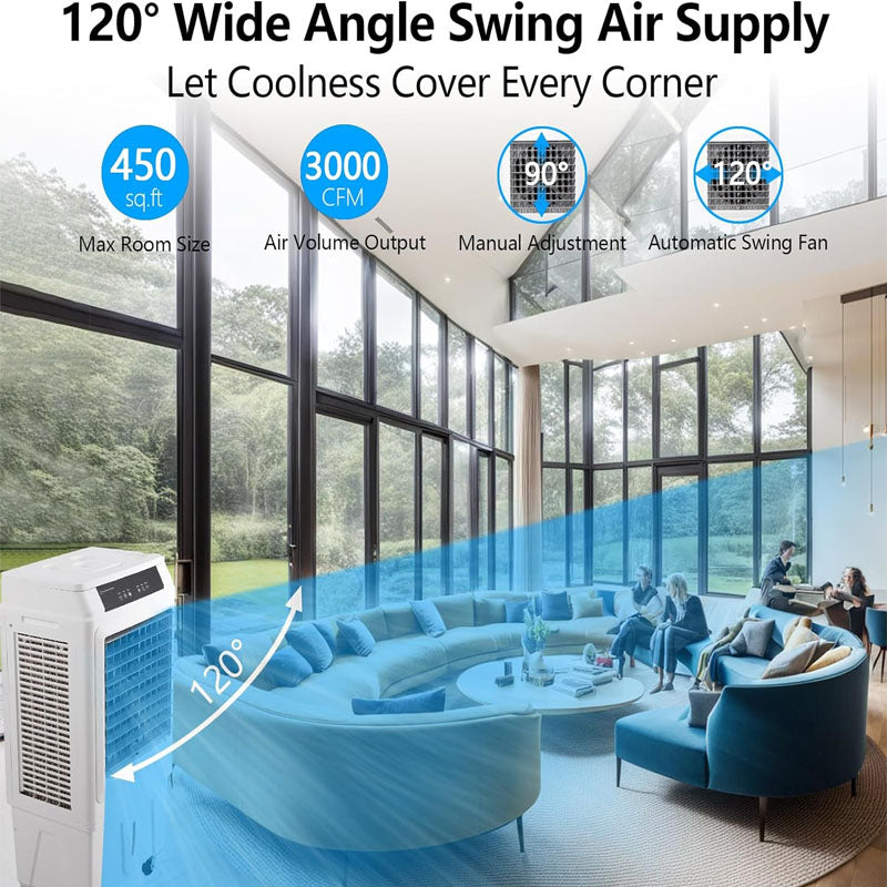 3000CFM Evaporative Air Cooler 3-in-1Swamp Cooler with Remote Control and 12H Timer 4 Ice Packs 3 Modes & Wind Speeds for Outdoor Indoor Use 10.3 Gallon