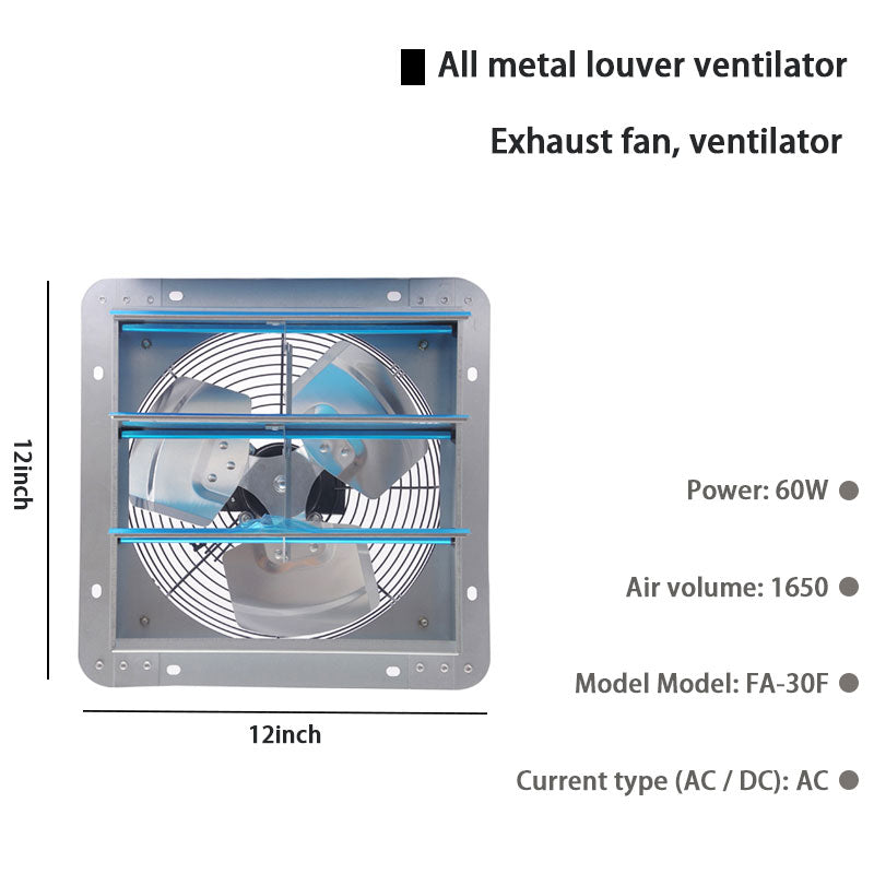 Square Industrial Exhaust Fan, 12 Inch Kitchen Shutter Exhaust Fan, Suitable For Garage And Shop, Attic Ventilation