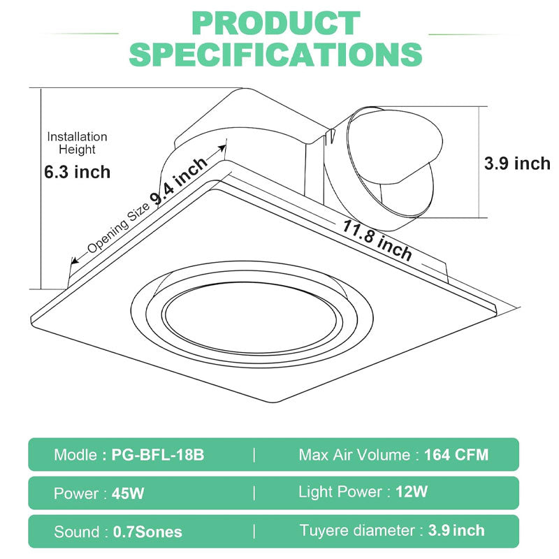 Lighted Bathroom Exhaust Ventilator, 164 CFM 0.7Sones Quiet Ceiling Ventilation Fan, 6000K 12W LED, White