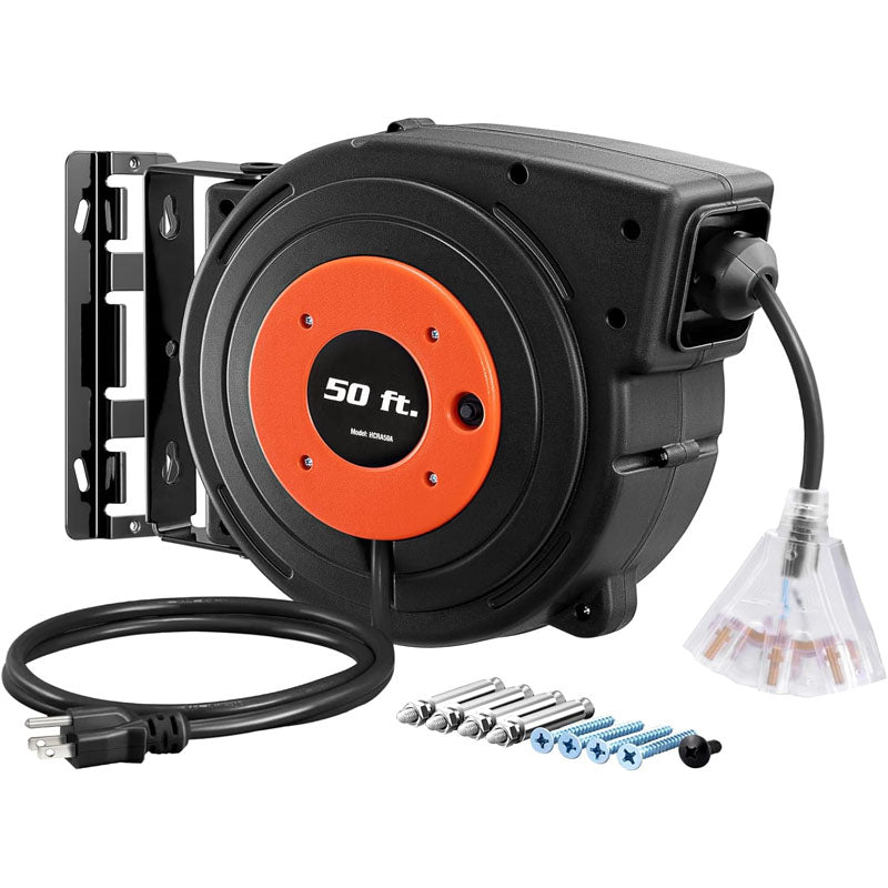 50ft Retractable Extension Cord Reel 50 FT Heavy Duty Power Cord 14AWG/3C SJTOW 13 Amp Circuit Breaker