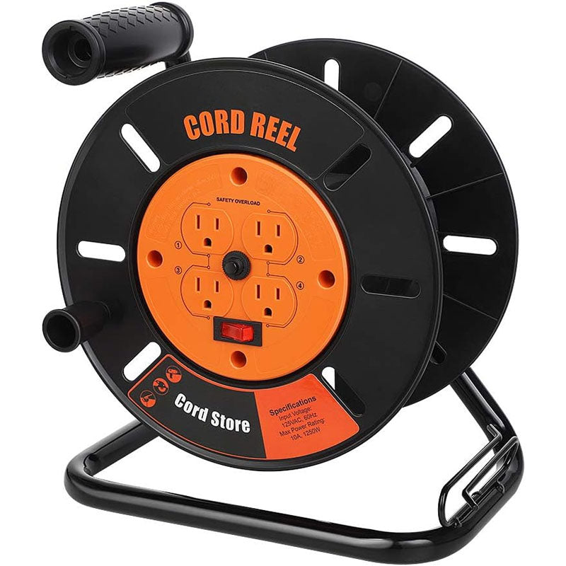 100FT Extension Cord Reel with 4-Grounded Outlets and Wind Retractable 10A Circuit Breaker
