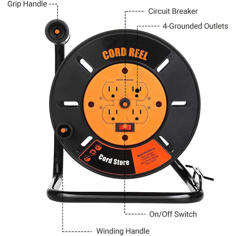 100FT Extension Cord Reel with 4-Grounded Outlets and Wind Retractable 10A Circuit Breaker