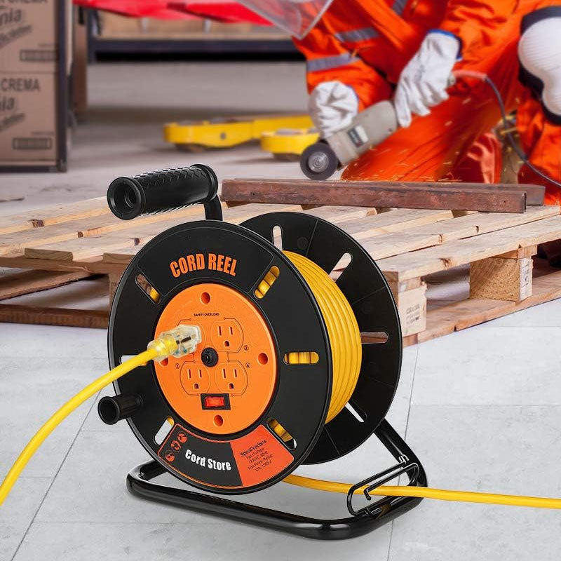 100FT Extension Cord Reel with 4-Grounded Outlets and Wind Retractable 10A Circuit Breaker