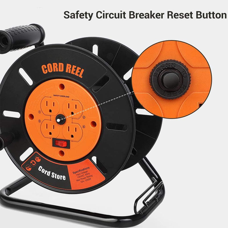 100FT Extension Cord Reel with 4-Grounded Outlets and Wind Retractable 10A Circuit Breaker