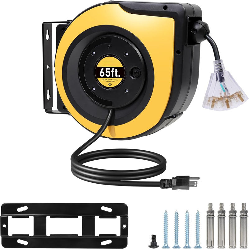 65 FT Extension Cord Reel Duty 12AWG/3C SJTOW Power Cord with Lighted Triple Outlets 15A Circuit Breaker 180° Swivel Removable Bracket