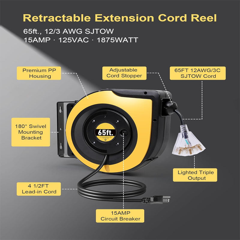 65 FT Extension Cord Reel Duty 12AWG/3C SJTOW Power Cord with Lighted Triple Outlets 15A Circuit Breaker 180° Swivel Removable Bracket