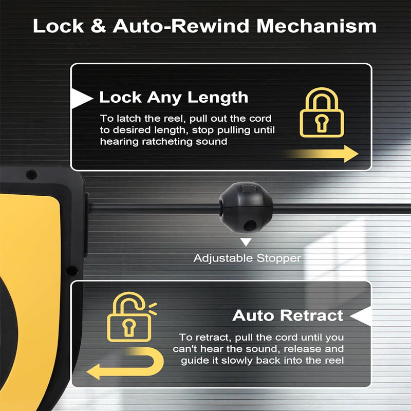 65 FT Extension Cord Reel Duty 12AWG/3C SJTOW Power Cord with Lighted Triple Outlets 15A Circuit Breaker 180° Swivel Removable Bracket