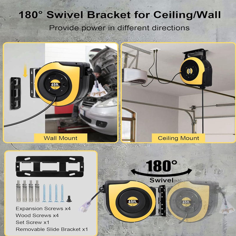 65 FT Extension Cord Reel Duty 12AWG/3C SJTOW Power Cord with Lighted Triple Outlets 15A Circuit Breaker 180° Swivel Removable Bracket