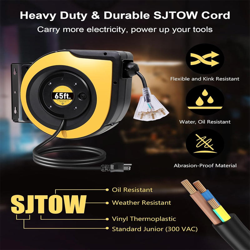 65 FT Extension Cord Reel Duty 12AWG/3C SJTOW Power Cord with Lighted Triple Outlets 15A Circuit Breaker 180° Swivel Removable Bracket