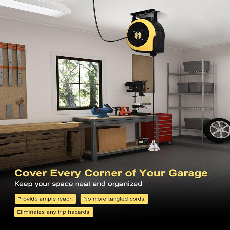 65 FT Extension Cord Reel Duty 12AWG/3C SJTOW Power Cord with Lighted Triple Outlets 15A Circuit Breaker 180° Swivel Removable Bracket