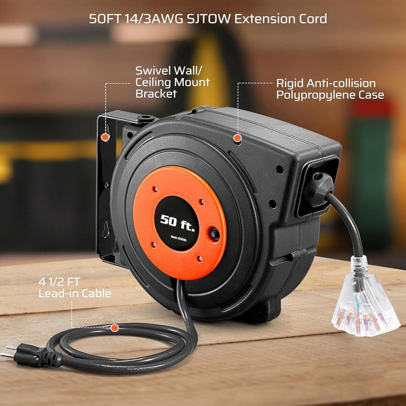 50ft Retractable Extension Cord Reel 50 FT Heavy Duty Power Cord 14AWG/3C SJTOW 13 Amp Circuit Breaker