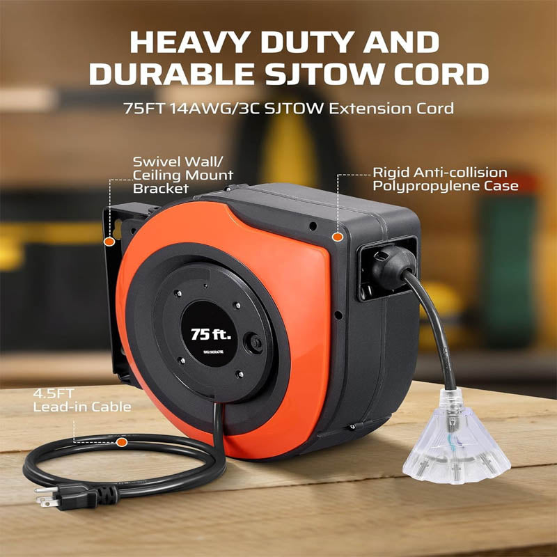 Extension Cord Reels 75 FT Heavy Duty Power Cord 12AWG/3C SJTOW Lighted Triple Tap Outlets 10A Circuit Breaker
