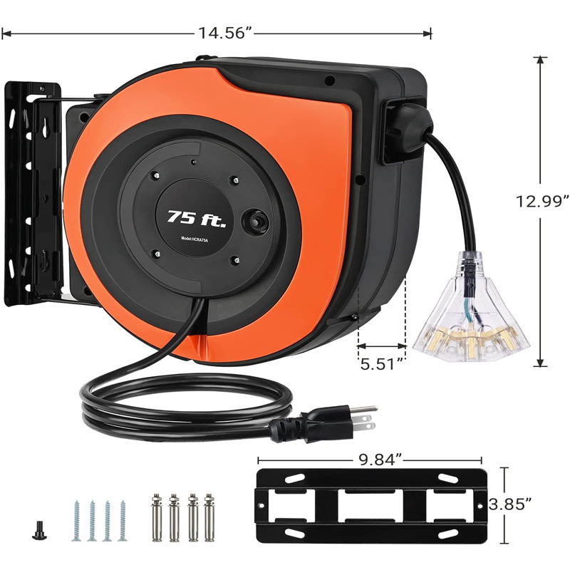 Extension Cord Reels 75 FT Heavy Duty Power Cord 12AWG/3C SJTOW Lighted Triple Tap Outlets 10A Circuit Breaker
