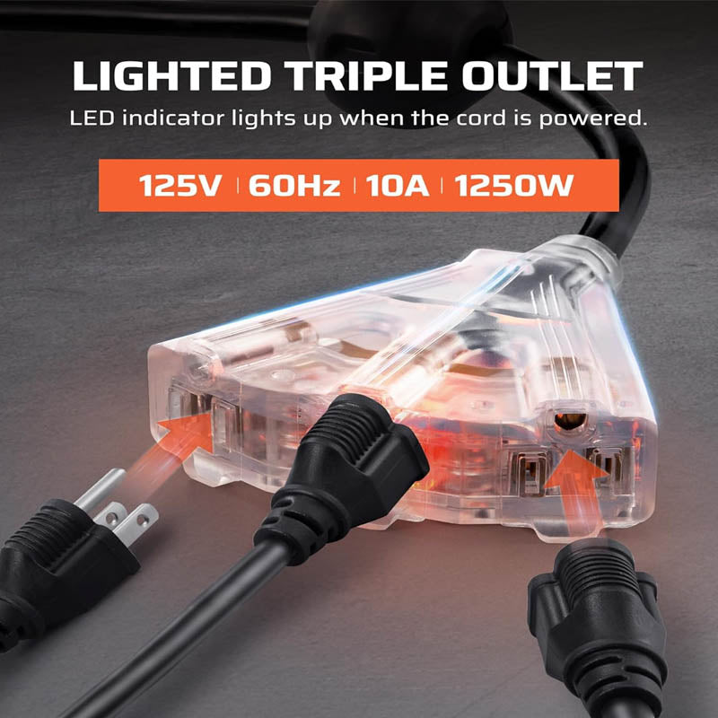 Extension Cord Reels 75 FT Heavy Duty Power Cord 12AWG/3C SJTOW Lighted Triple Tap Outlets 10A Circuit Breaker