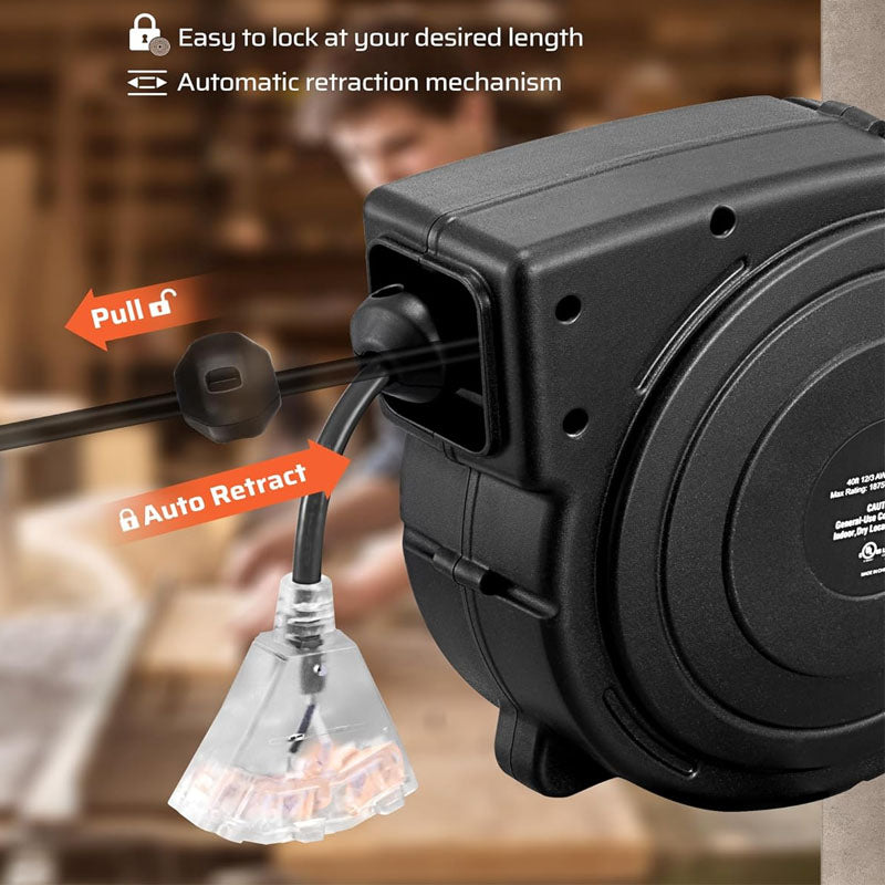 50ft Retractable Extension Cord Reel 50 FT Heavy Duty Power Cord 14AWG/3C SJTOW 13 Amp Circuit Breaker