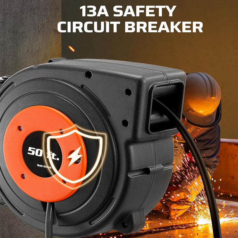 50ft Retractable Extension Cord Reel 50 FT Heavy Duty Power Cord 14AWG/3C SJTOW 13 Amp Circuit Breaker