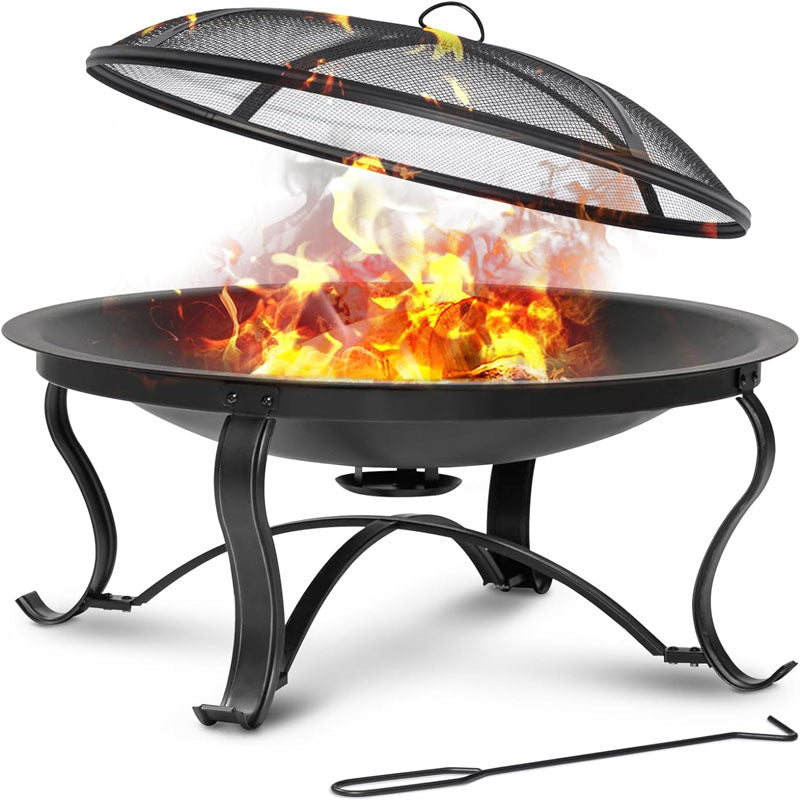 30 inch Fire Bowl Outdoor Wood Burning Bonfire Pit Steel Portable for Patio Backyard Camping with Ash Plate Spark Screen Log Grate Poker