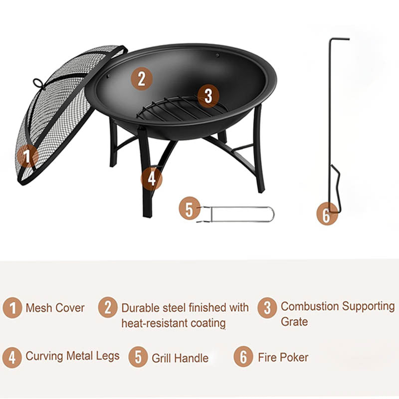 Fire Bowl with Spark Screen Cover Log Grate Poker for Camping Beach Bonfire Picnic Backyard Garden