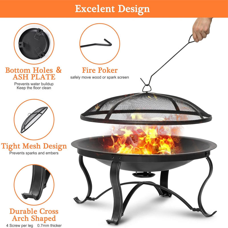 30 inch Fire Bowl Outdoor Wood Burning Bonfire Pit Steel Portable for Patio Backyard Camping with Ash Plate Spark Screen Log Grate Poker
