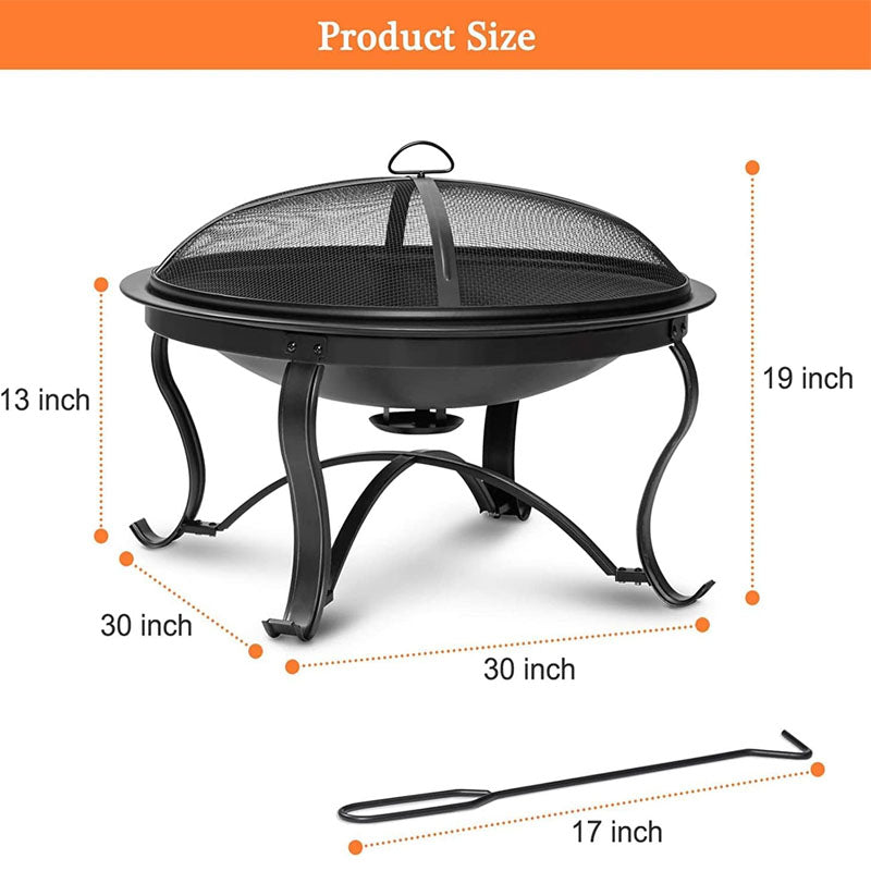 30 inch Fire Bowl Outdoor Wood Burning Bonfire Pit Steel Portable for Patio Backyard Camping with Ash Plate Spark Screen Log Grate Poker