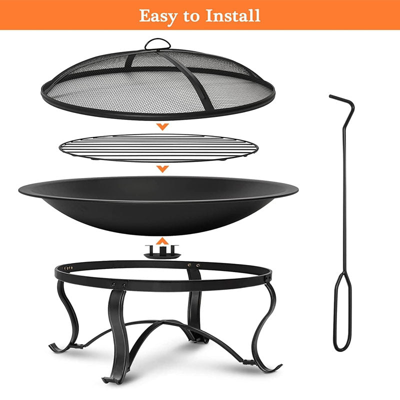 30 inch Fire Bowl Outdoor Wood Burning Bonfire Pit Steel Portable for Patio Backyard Camping with Ash Plate Spark Screen Log Grate Poker