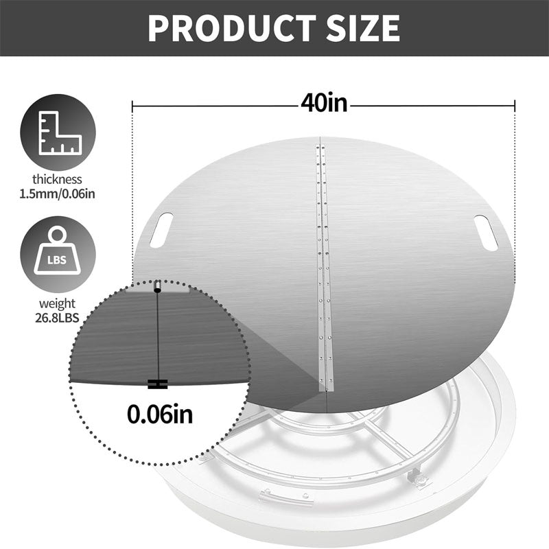 40Inch Fire Pit Lid Round 304 Stainless Steel Foldable Edge Built-in Handle for Any Round Patio Fire Pits