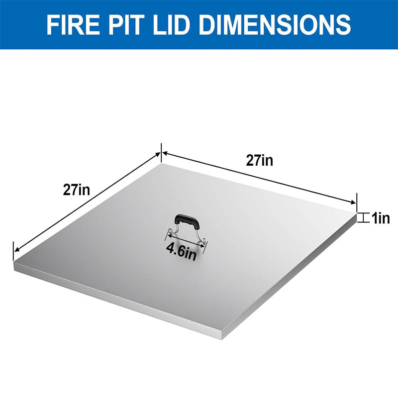 Fire Pit Lid 27 x 27 Inch 1mm Thick Stainless Steel Square Fire Pit Cover with Non-slip Heat Resistant Handle