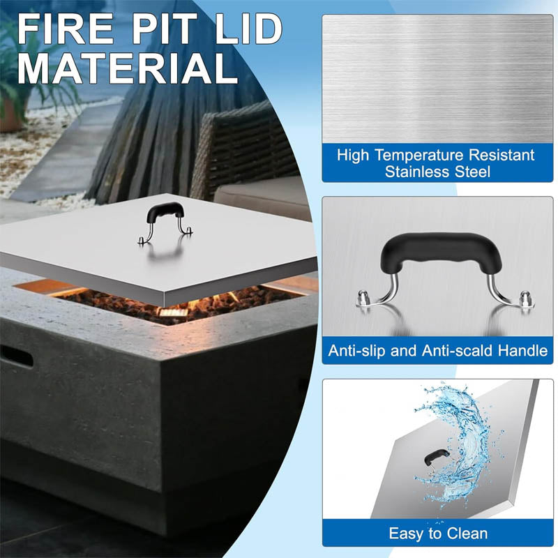 Fire Pit Lid 27 x 27 Inch 1mm Thick Stainless Steel Square Fire Pit Cover with Non-slip Heat Resistant Handle