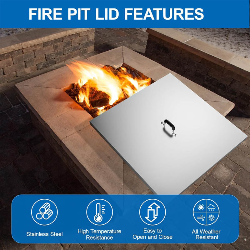 Fire Pit Lid 27 x 27 Inch 1mm Thick Stainless Steel Square Fire Pit Cover with Non-slip Heat Resistant Handle