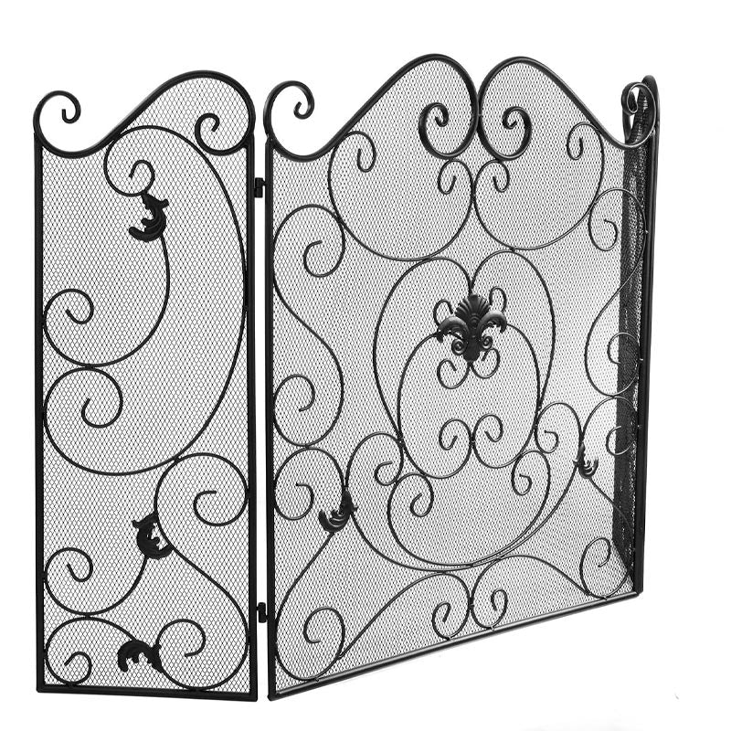 Wrought Iron Floor-Standing Fireplace Tri-Fold Screen, Fence Home Stove Partition Fire Cover