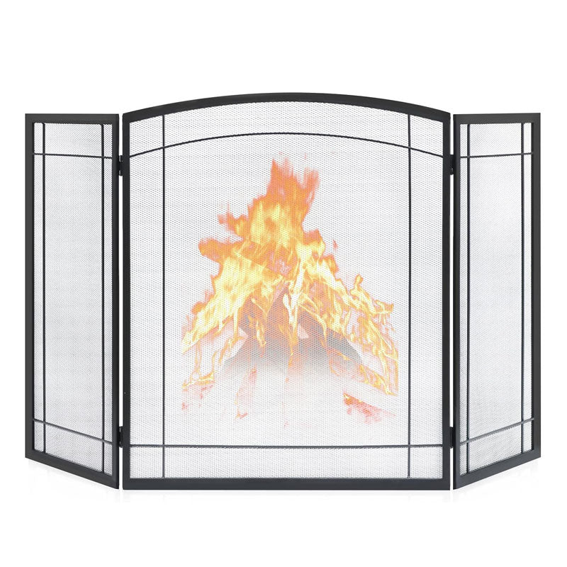 3 Panel Fireplace Screen 48"W x 29"H, Anti-Spark Guard For Indoor Home Decor, Black