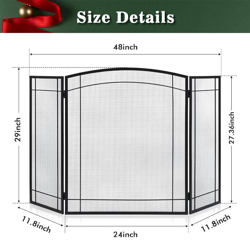 3 Panel Fireplace Screen 48"W x 29"H, Anti-Spark Guard For Indoor Home Decor, Black