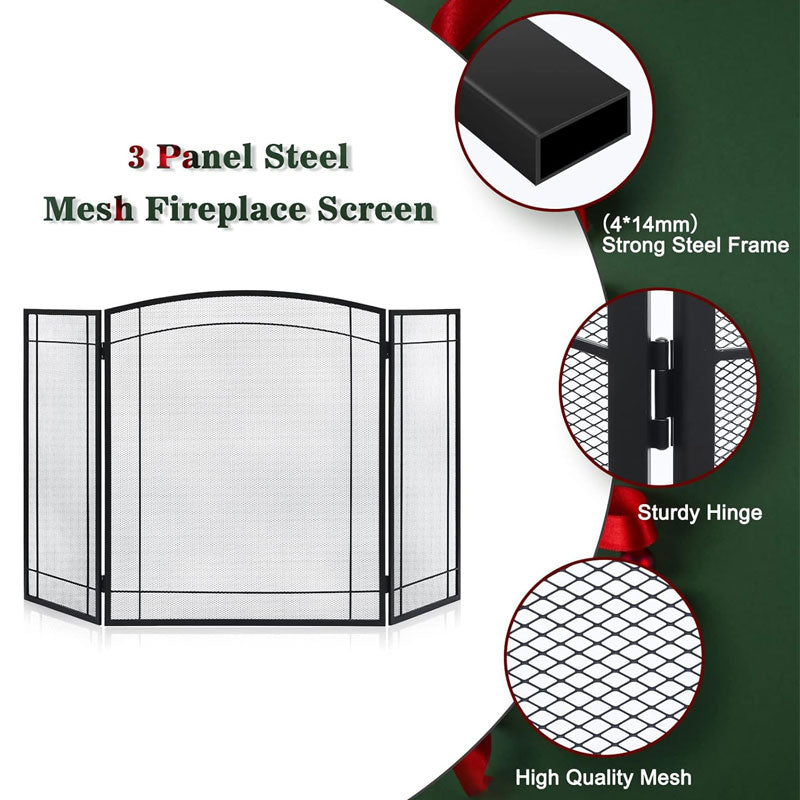 3 Panel Fireplace Screen 48"W x 29"H, Anti-Spark Guard For Indoor Home Decor, Black