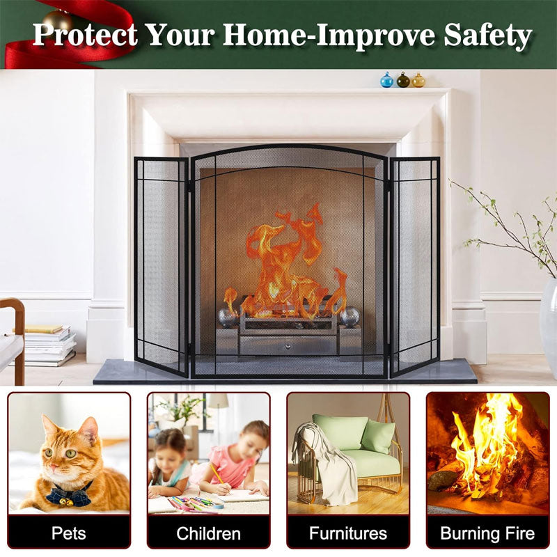 3 Panel Fireplace Screen 48"W x 29"H, Anti-Spark Guard For Indoor Home Decor, Black