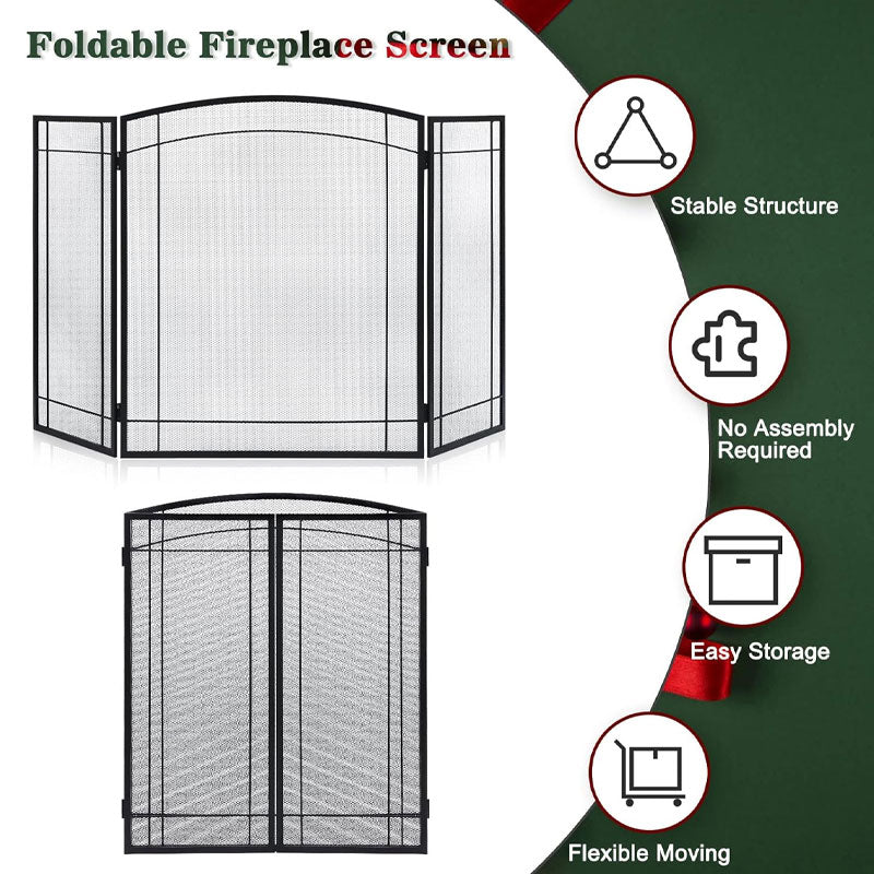 3 Panel Fireplace Screen 48"W x 29"H, Anti-Spark Guard For Indoor Home Decor, Black