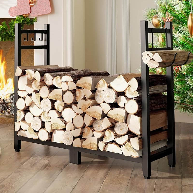 34inch Firewood Rack with Log Carrier with Kindling Hooks, Adjustable Pads for Fireplace Deck Outdoor