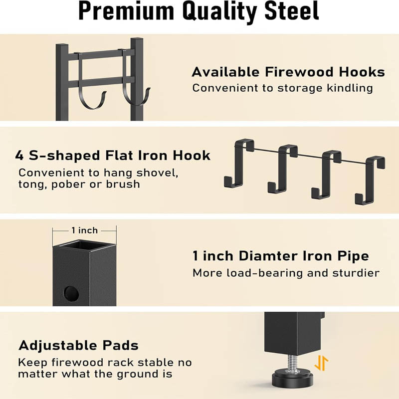 34inch Firewood Rack with Log Carrier with Kindling Hooks, Adjustable Pads for Fireplace Deck Outdoor