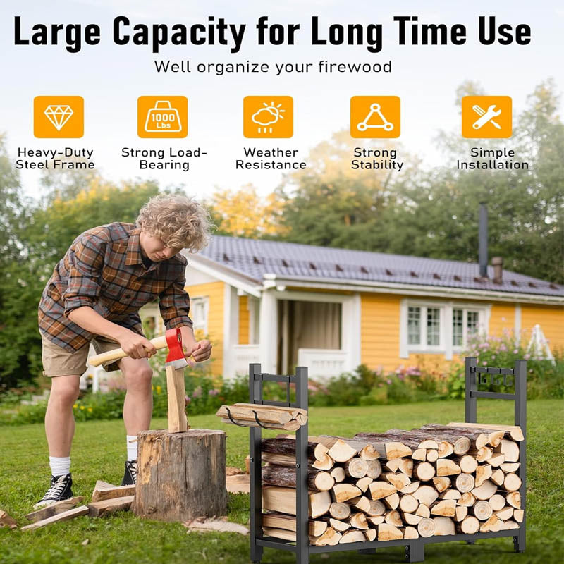 34inch Firewood Rack with Log Carrier with Kindling Hooks, Adjustable Pads for Fireplace Deck Outdoor
