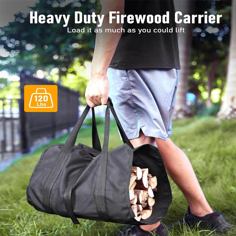 34inch Firewood Rack with Log Carrier with Kindling Hooks, Adjustable Pads for Fireplace Deck Outdoor