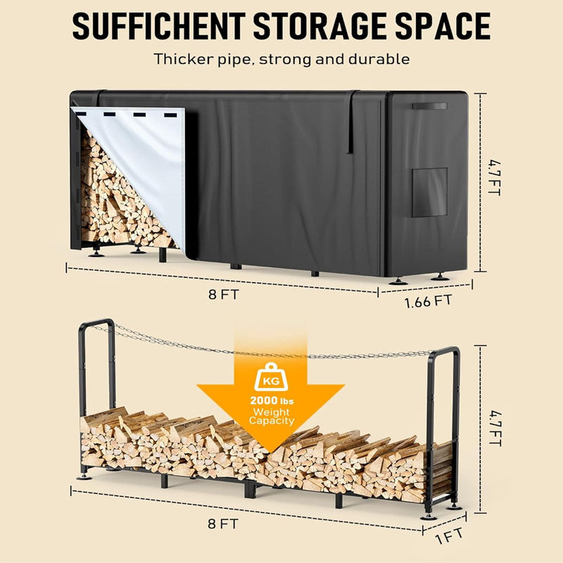 8FT Firewood Rack Indoor\outdoor Waterproof Adjustable Heavy Duty Logs Stand Stacker Holder for Fireplace Patio Deck
