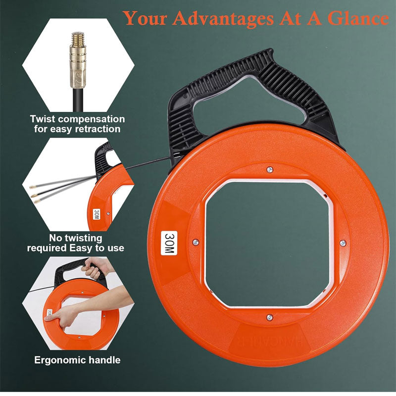 Electrician Fish Tape, Fish Tape Wire Puller 100FT x 4mm, Fiberglass Wire Puller 6 Adapter Wire Puller