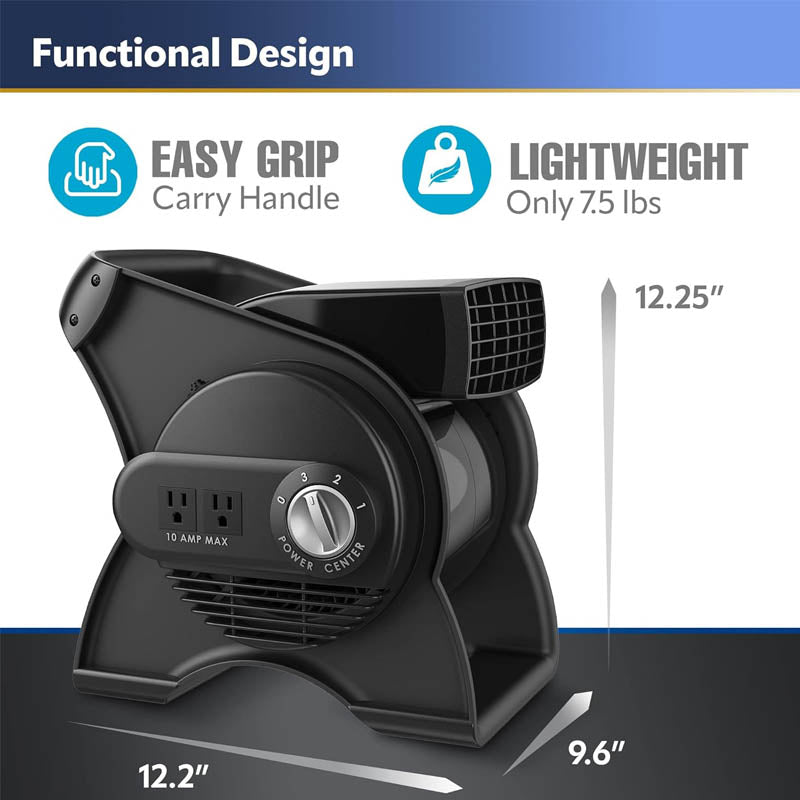 12” Floor Blower 289 CFM High Velocity Floor Blower 3 Speeds, 2 Accessory Outlets 120V, Black