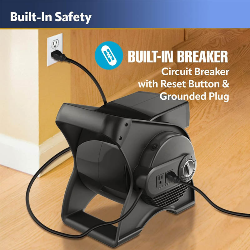 12” Floor Blower 289 CFM High Velocity Floor Blower 3 Speeds, 2 Accessory Outlets 120V, Black