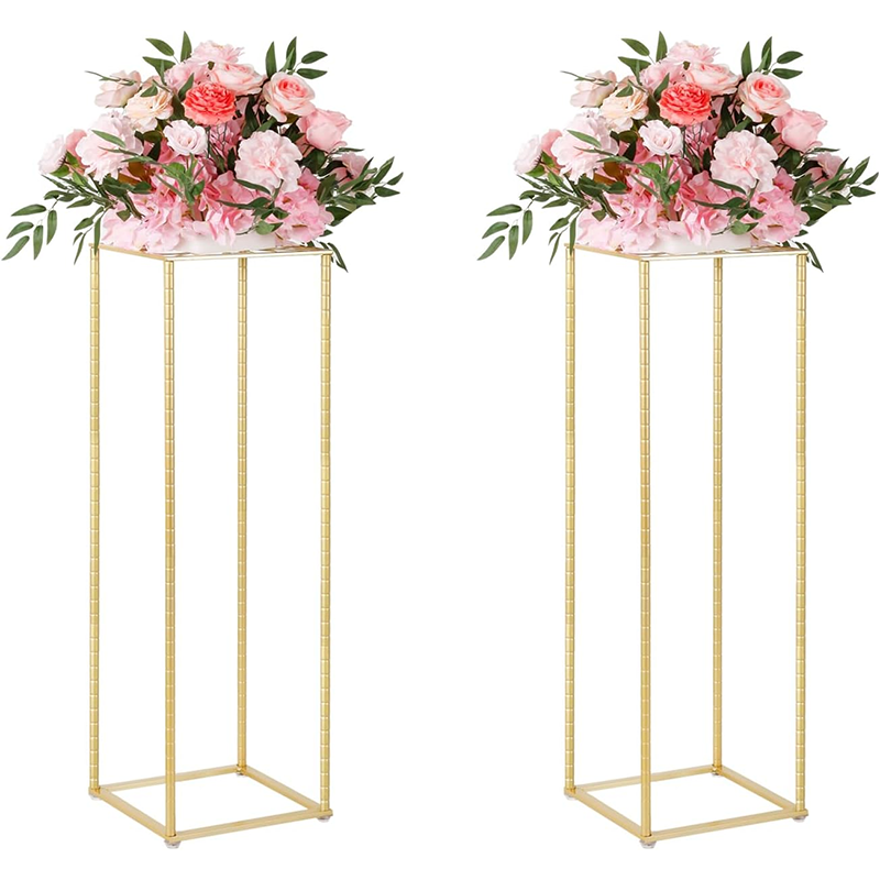 Wedding Flower Stand 2Pcs Gold Flower Stand for Wedding, Metal Column Vases Stand Shiny Gold Wedding Flower Stand, Rectangular Flower Display Rack for Wedding Party Birthday Events Reception (31.5 inch Tall)