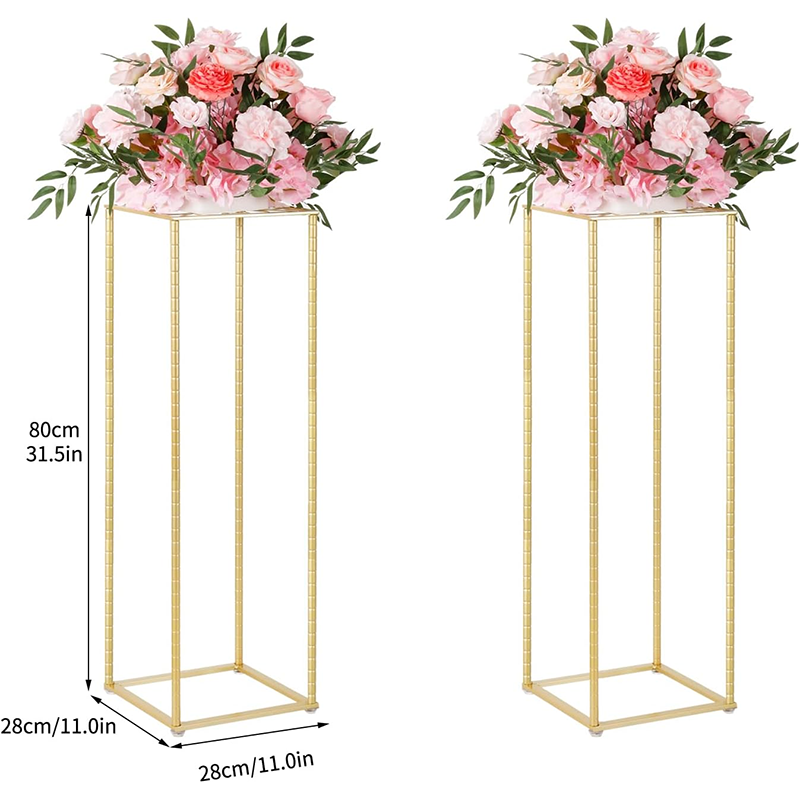 Wedding Flower Stand 2Pcs Gold Flower Stand for Wedding, Metal Column Vases Stand Shiny Gold Wedding Flower Stand, Rectangular Flower Display Rack for Wedding Party Birthday Events Reception (31.5 inch Tall)