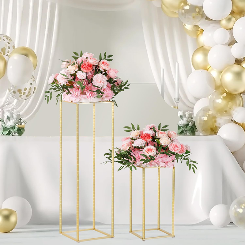 Wedding Flower Stand 2Pcs Gold Flower Stand for Wedding, Metal Column Vases Stand Shiny Gold Wedding Flower Stand, Rectangular Flower Display Rack for Wedding Party Birthday Events Reception (31.5 inch Tall)