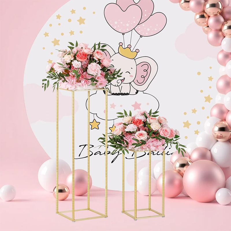 Wedding Flower Stand 2Pcs Gold Flower Stand for Wedding, Metal Column Vases Stand Shiny Gold Wedding Flower Stand, Rectangular Flower Display Rack for Wedding Party Birthday Events Reception (31.5 inch Tall)
